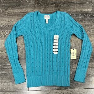 NWT Women’s St. John's Bay Turquoise V-Neck Classic Cable Sweater Size S